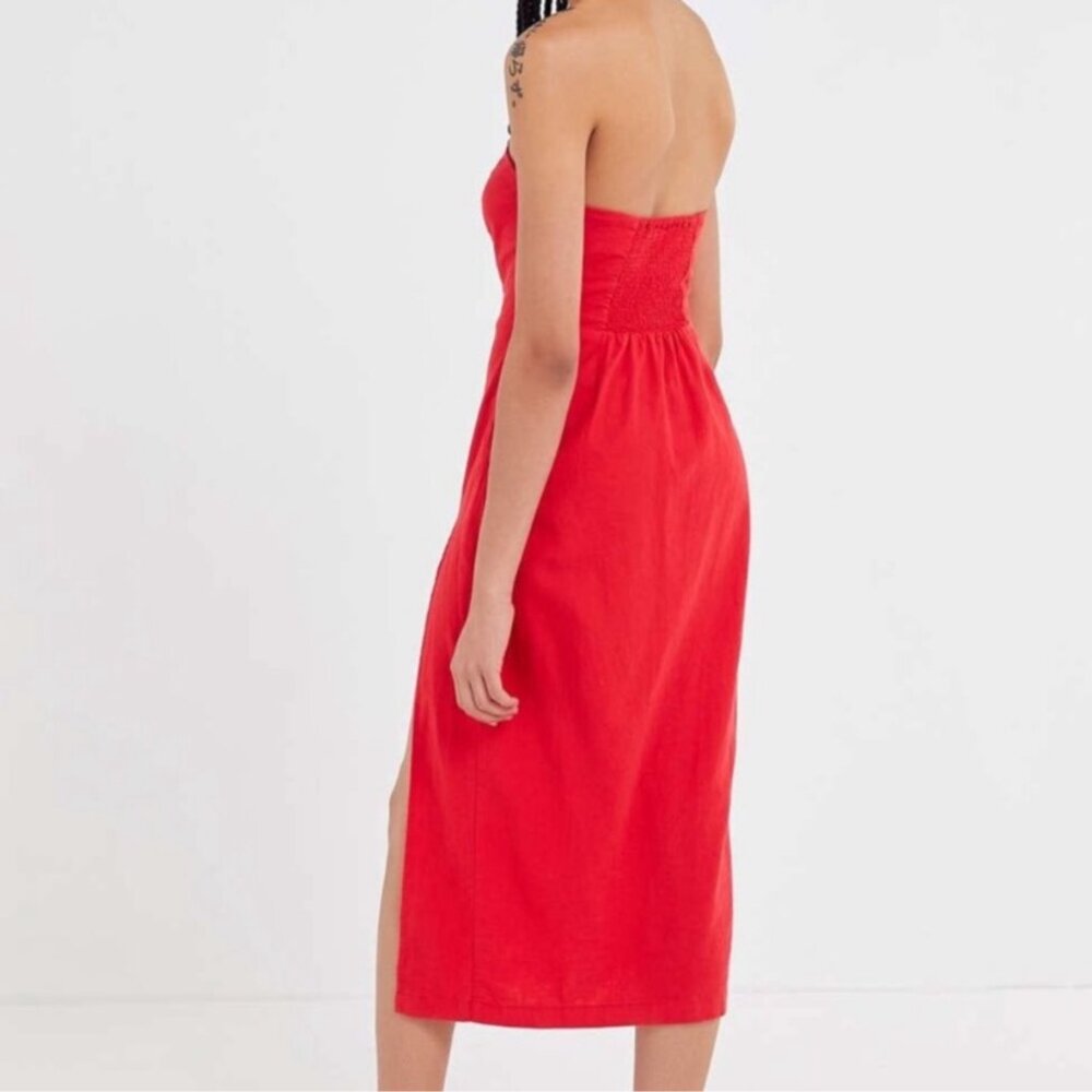 Bright Red/Orange Urban Outfitters Strapless Midi Dress with slit - Picture 3 of 8